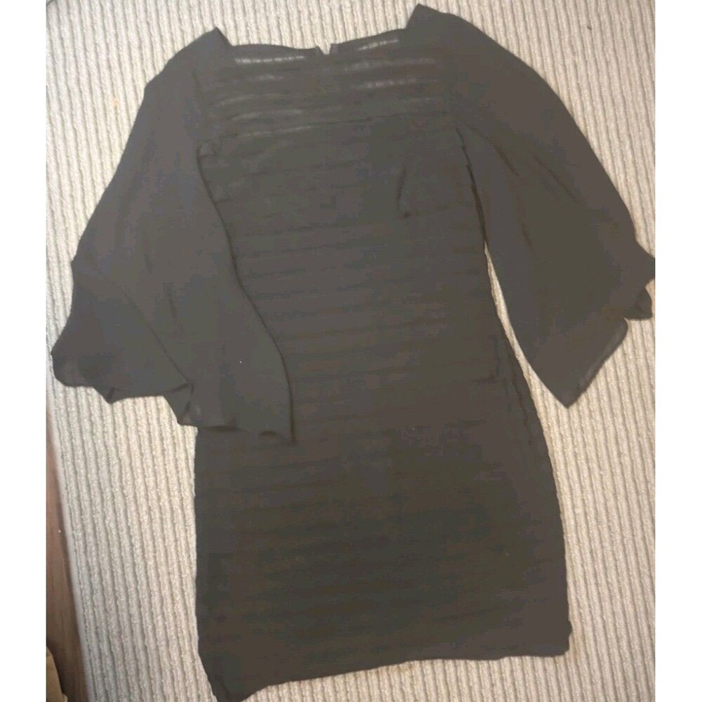 Adrianna Papell Black Shutter Pleat Sheath Dress 12 Tiered Chiffon Bell Sleeve Y